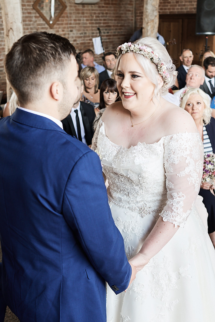 Bride Bridal A Line Sleeved Dress Gown Lace French Connection Groom Blue Dried Flower Floral Crown Off the Shoulder Wood Farm Barn Wedding Suffolk Faye Amare Photography