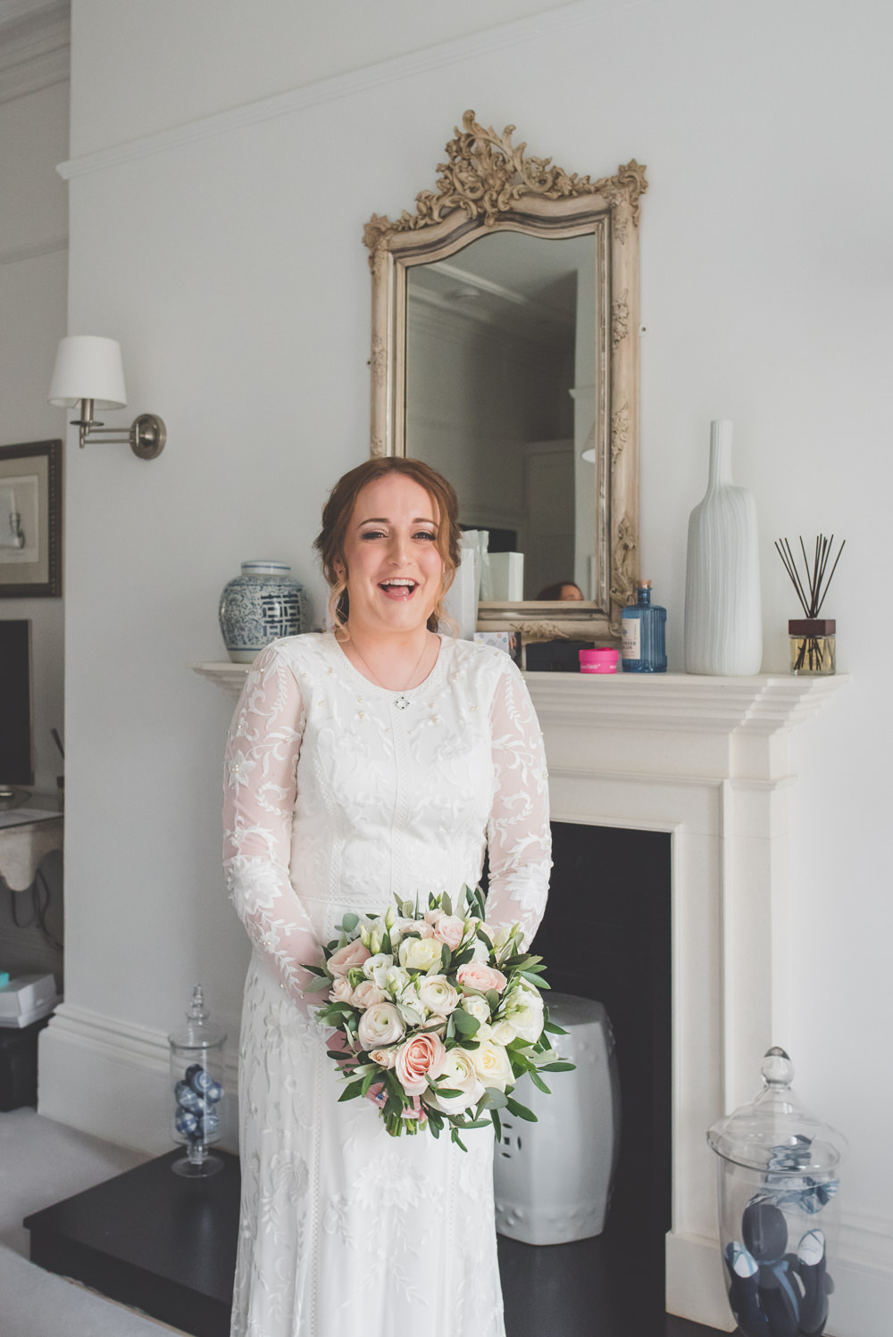 Bride Bridal Lace Long Sleeve Savannah Miller Dress Gown Pink Rose Bouquet 60 Hope Street Wedding Lisa Howard Photography