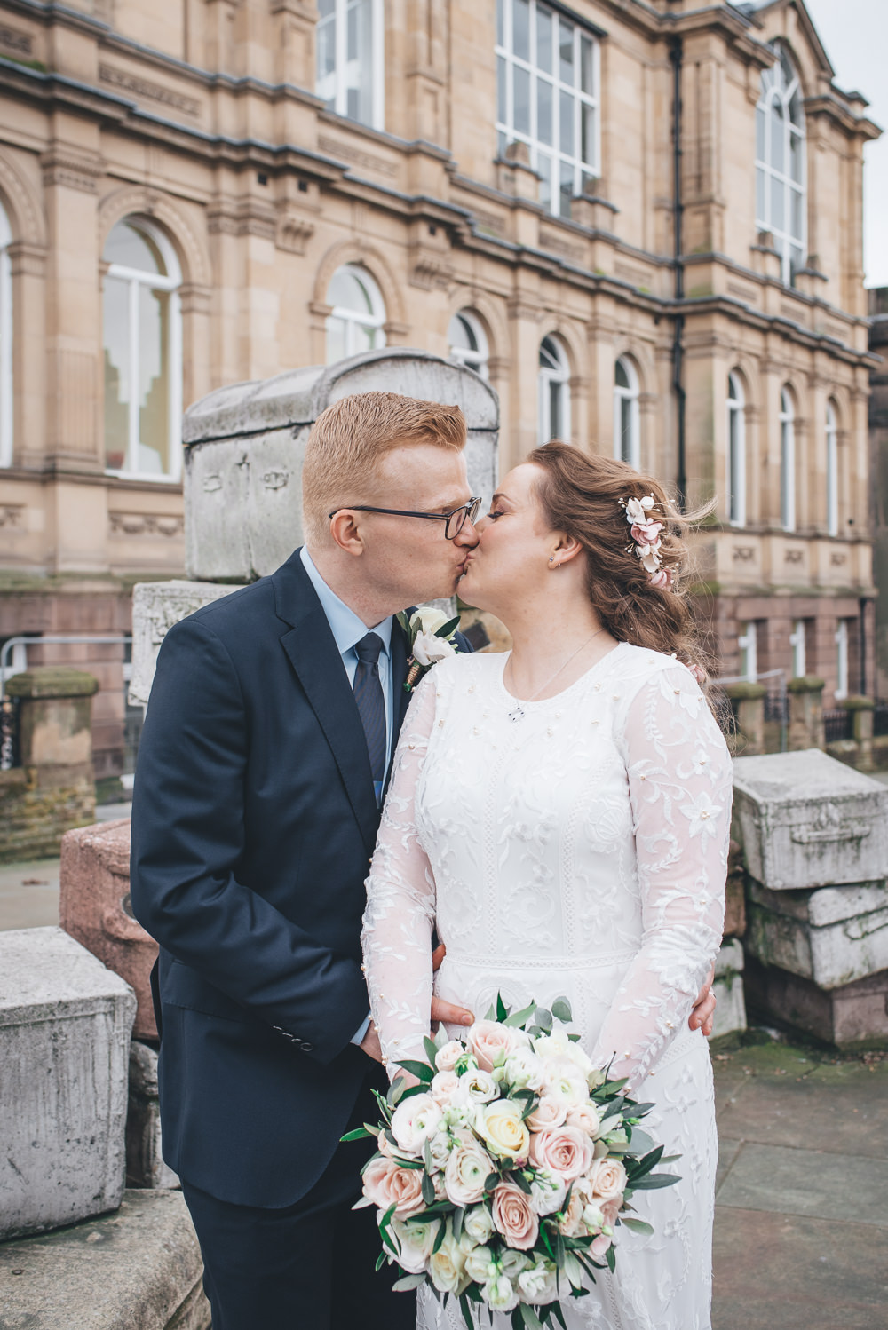 Bride Bridal Lace Long Sleeve Savannah Miller Dress Gown Navy Hugo Boss Groom Pink Rose Bouquet 60 Hope Street Wedding Lisa Howard Photography