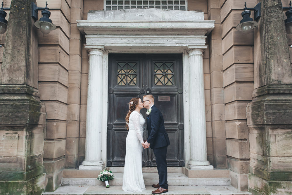 Bride Bridal Lace Long Sleeve Savannah Miller Dress Gown Navy Hugo Boss Groom Pink Rose Bouquet 60 Hope Street Wedding Lisa Howard Photography