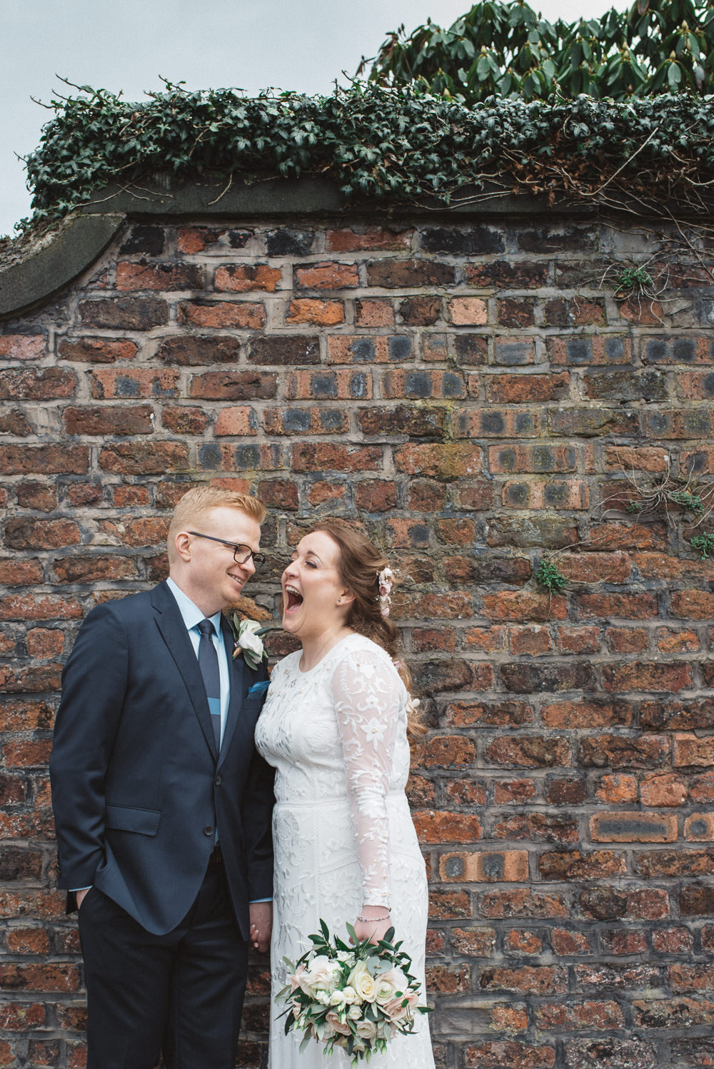 Bride Bridal Lace Long Sleeve Savannah Miller Dress Gown Navy Hugo Boss Groom Pink Rose Bouquet 60 Hope Street Wedding Lisa Howard Photography