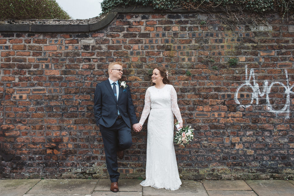 Bride Bridal Lace Long Sleeve Savannah Miller Dress Gown Navy Hugo Boss Groom Pink Rose Bouquet 60 Hope Street Wedding Lisa Howard Photography