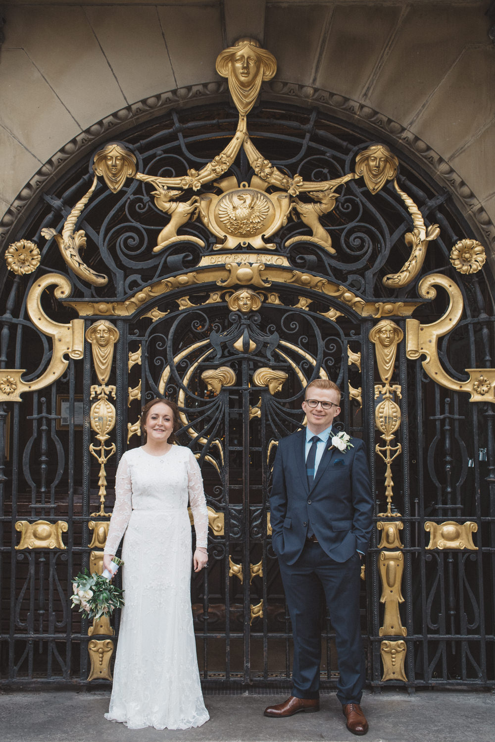 Bride Bridal Lace Long Sleeve Savannah Miller Dress Gown Navy Hugo Boss Groom Pink Rose Bouquet 60 Hope Street Wedding Lisa Howard Photography
