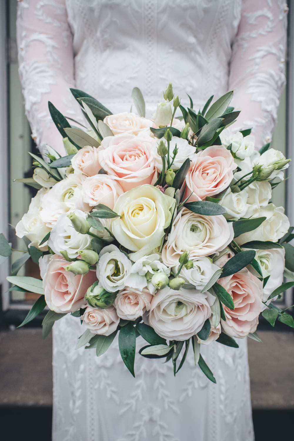 Bride Bridal Bouquet Pink Cream Roses Greenery Foliage 60 Hope Street Wedding Lisa Howard Photography