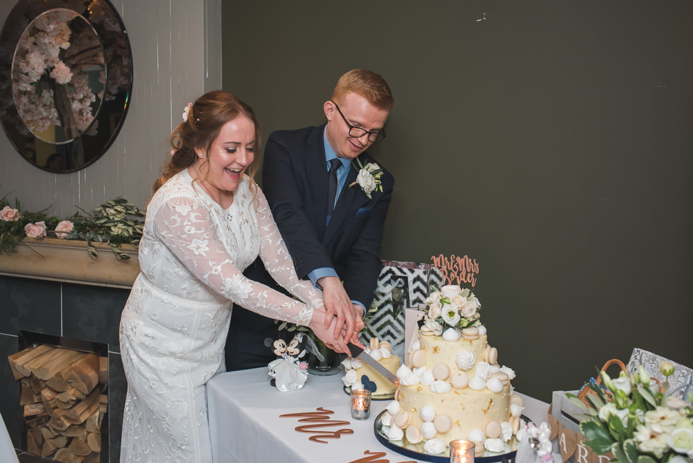 Bride Bridal Lace Long Sleeve Savannah Miller Dress Gown Navy Hugo Boss Groom Cutting Cake 60 Hope Street Wedding Lisa Howard Photography