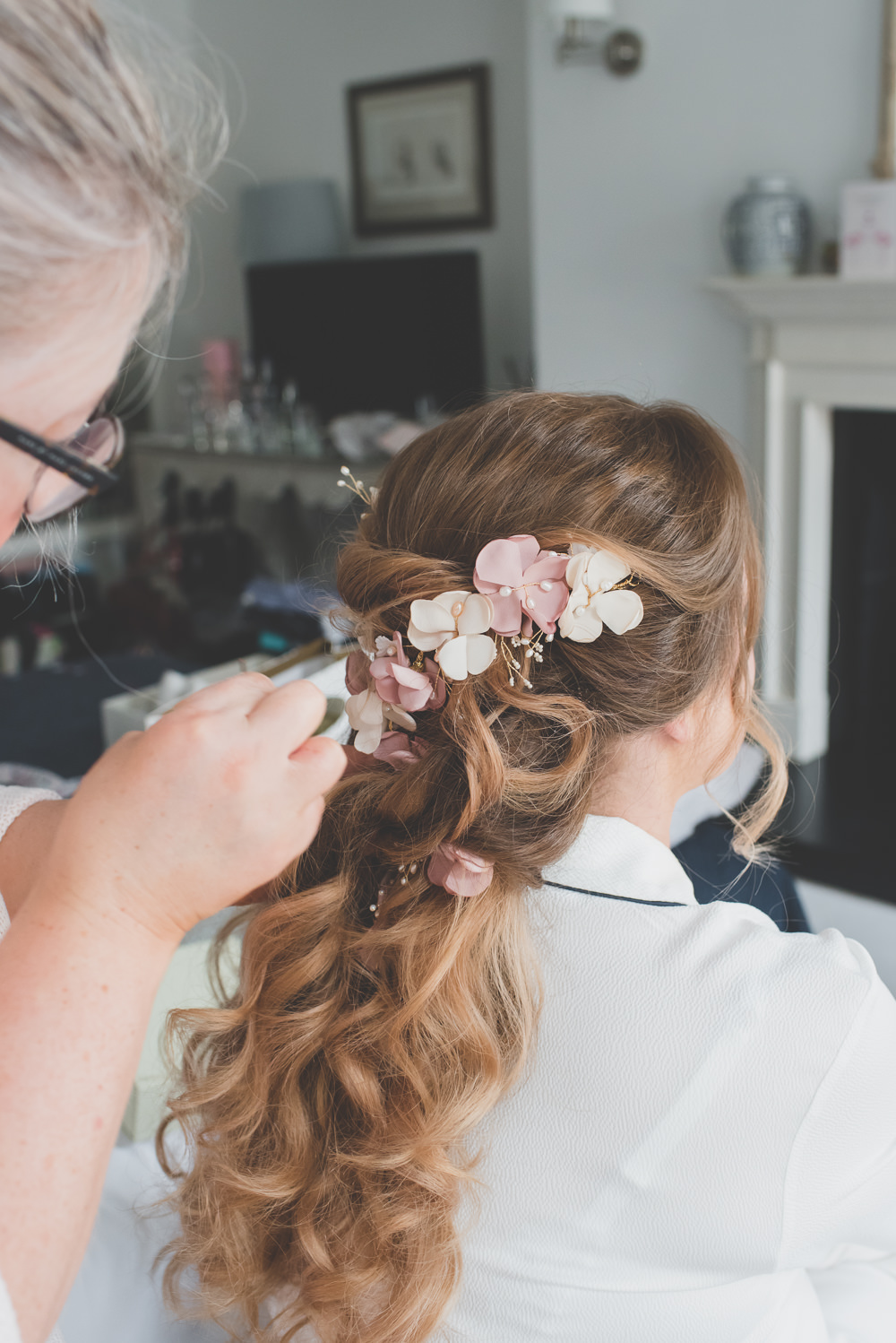 Bride Bridal Up Do Pink Cream Hair Flowers Pearls 60 Hope Street Wedding Lisa Howard Photography