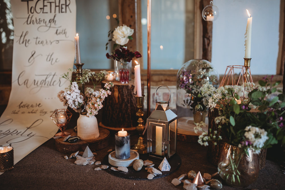 Table Tablescape Decor Fowers Silk Runner Candles Lanterns Paper Shapes Barn Wedding Ideas Thyme Lane Photography