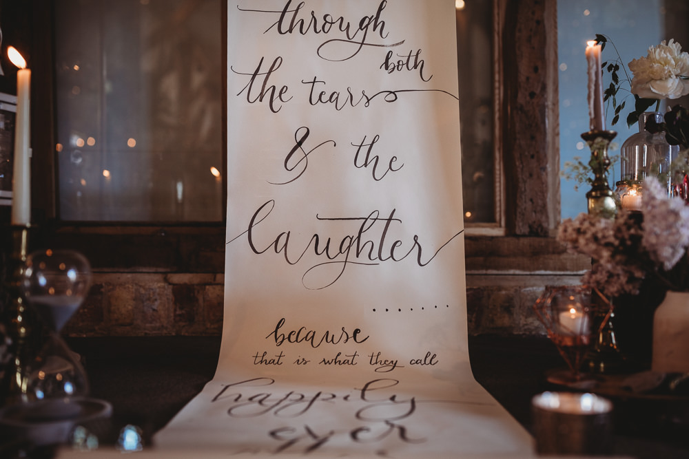 Banner Quote Backdrop Scroll Paper Calligraphy Ceremony Flowers Decor Barn Wedding Ideas Thyme Lane Photography