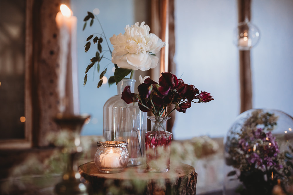 Table Tablescape Decor Fowers Candles Bottles Log Slice Barn Wedding Ideas Thyme Lane Photography