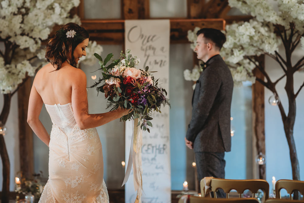 Bouquet Flowers Bride Bridal Ribbons Peony Foliage Greenery Barn Wedding Ideas Thyme Lane Photography
