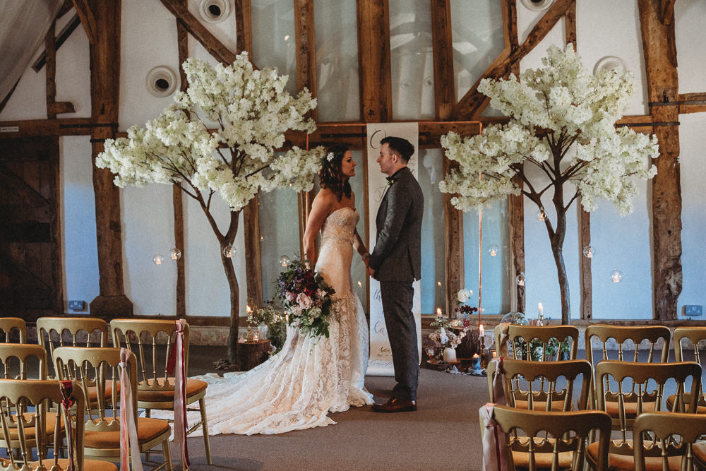 Banner Quote Backdrop Scroll Paper Calligraphy Ceremony Blossom Trees Flowers Decor Barn Wedding Ideas Thyme Lane Photography