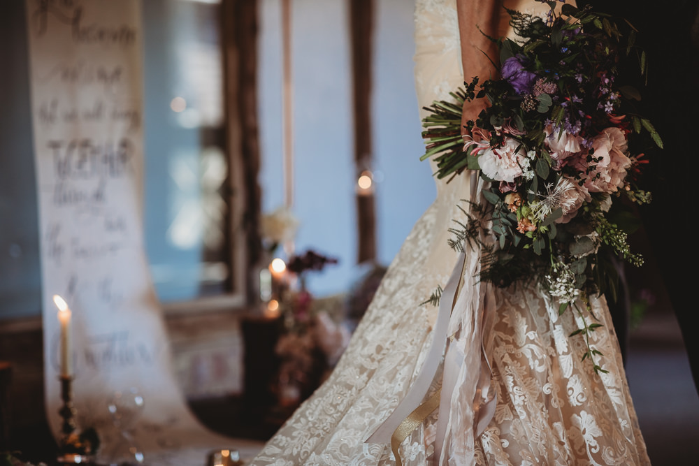 Bouquet Flowers Bride Bridal Ribbons Peony Foliage Greenery Barn Wedding Ideas Thyme Lane Photography