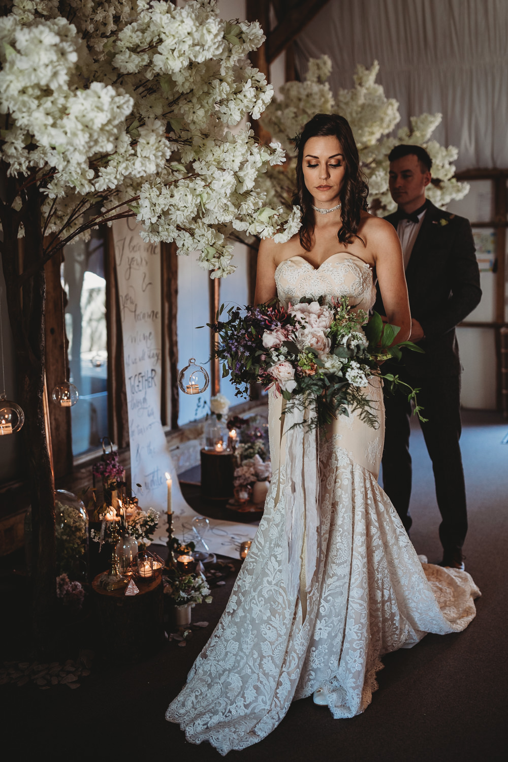 Lace Dress Gown Bride Bridal Strapless Sweetheart Train Barn Wedding Ideas Thyme Lane Photography