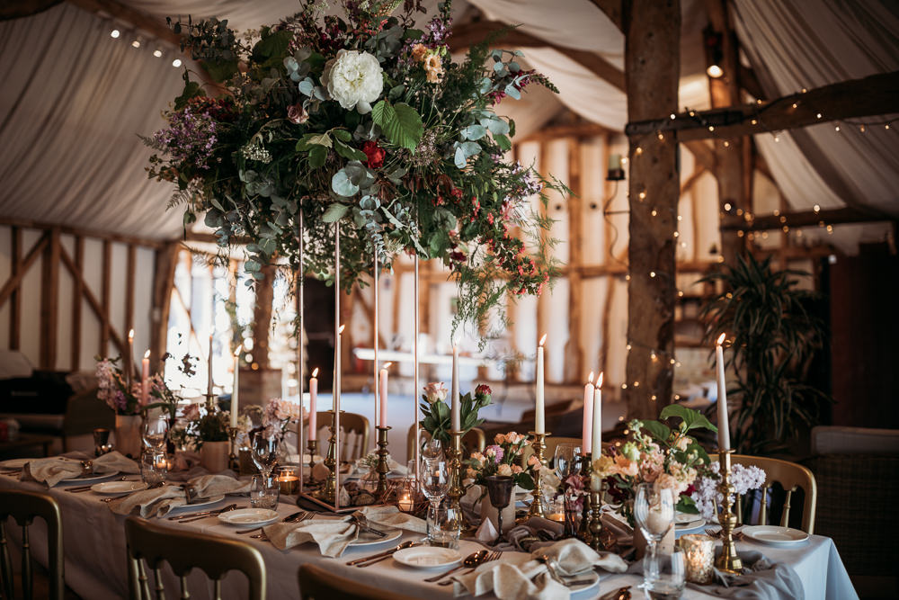 Tall Flower Arrangement Centrepiece Greenery Daliah Foliage Eucalyptus Centrepiece Barn Wedding Ideas Thyme Lane Photography