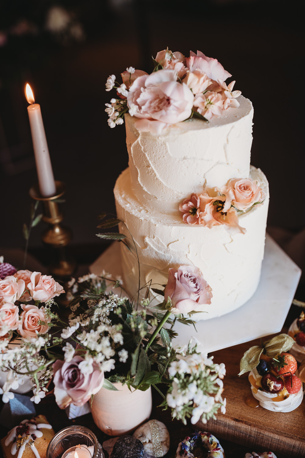 Rustic Buttercream Cake Pretty Pink Flowers Marble Stand Barn Wedding Ideas Thyme Lane Photography