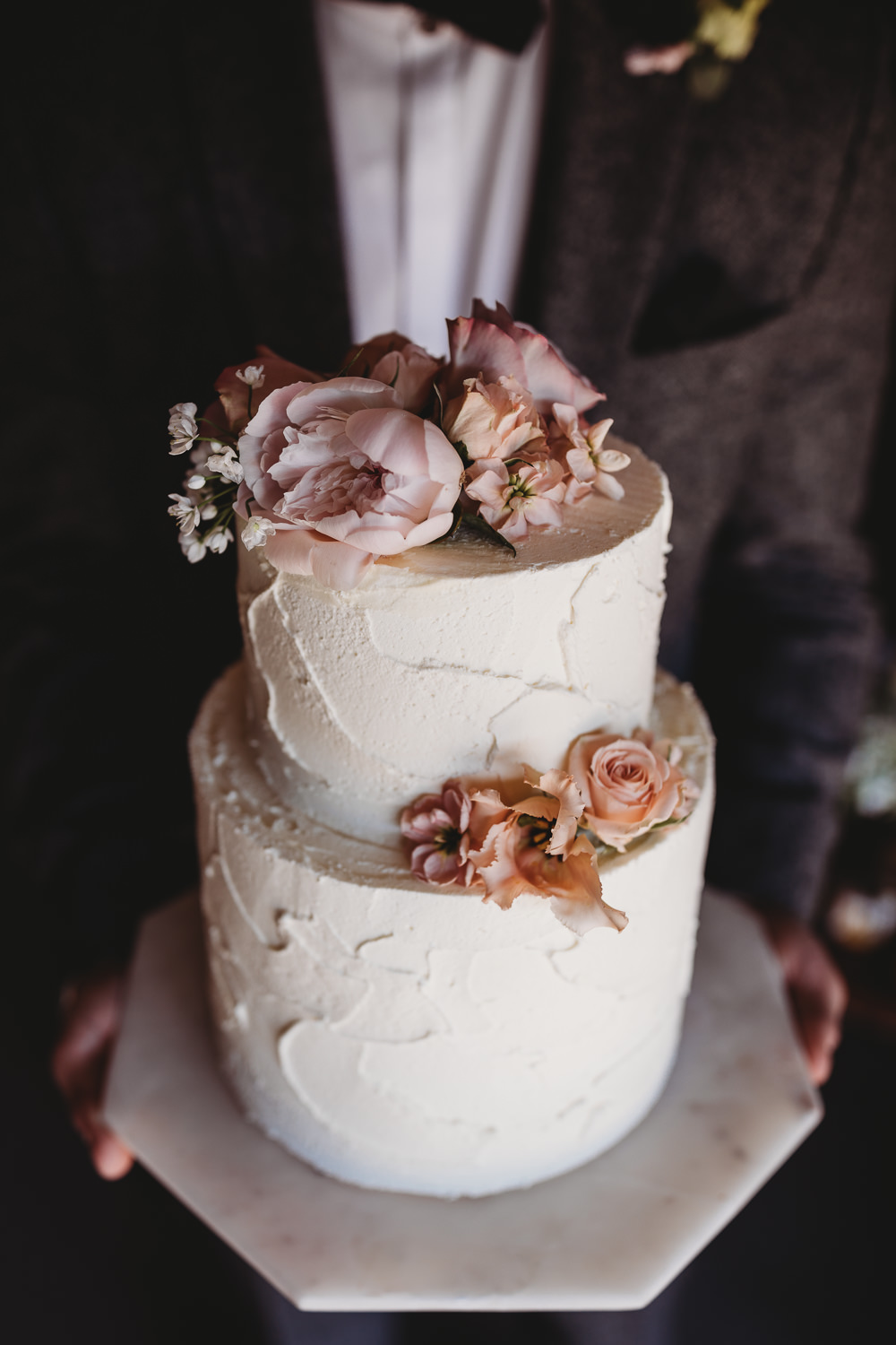 Rustic Buttercream Cake Pretty Pink Flowers Marble Stand Barn Wedding Ideas Thyme Lane Photography