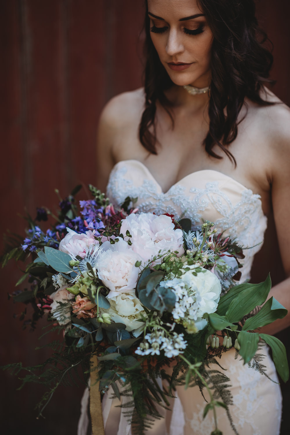 Bouquet Flowers Bride Bridal Ribbons Peony Foliage Greenery Barn Wedding Ideas Thyme Lane Photography
