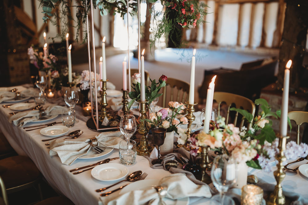Table Tablescape Decor Fowers Silk Runner Candles Pastels Pinks Barn Wedding Ideas Thyme Lane Photography