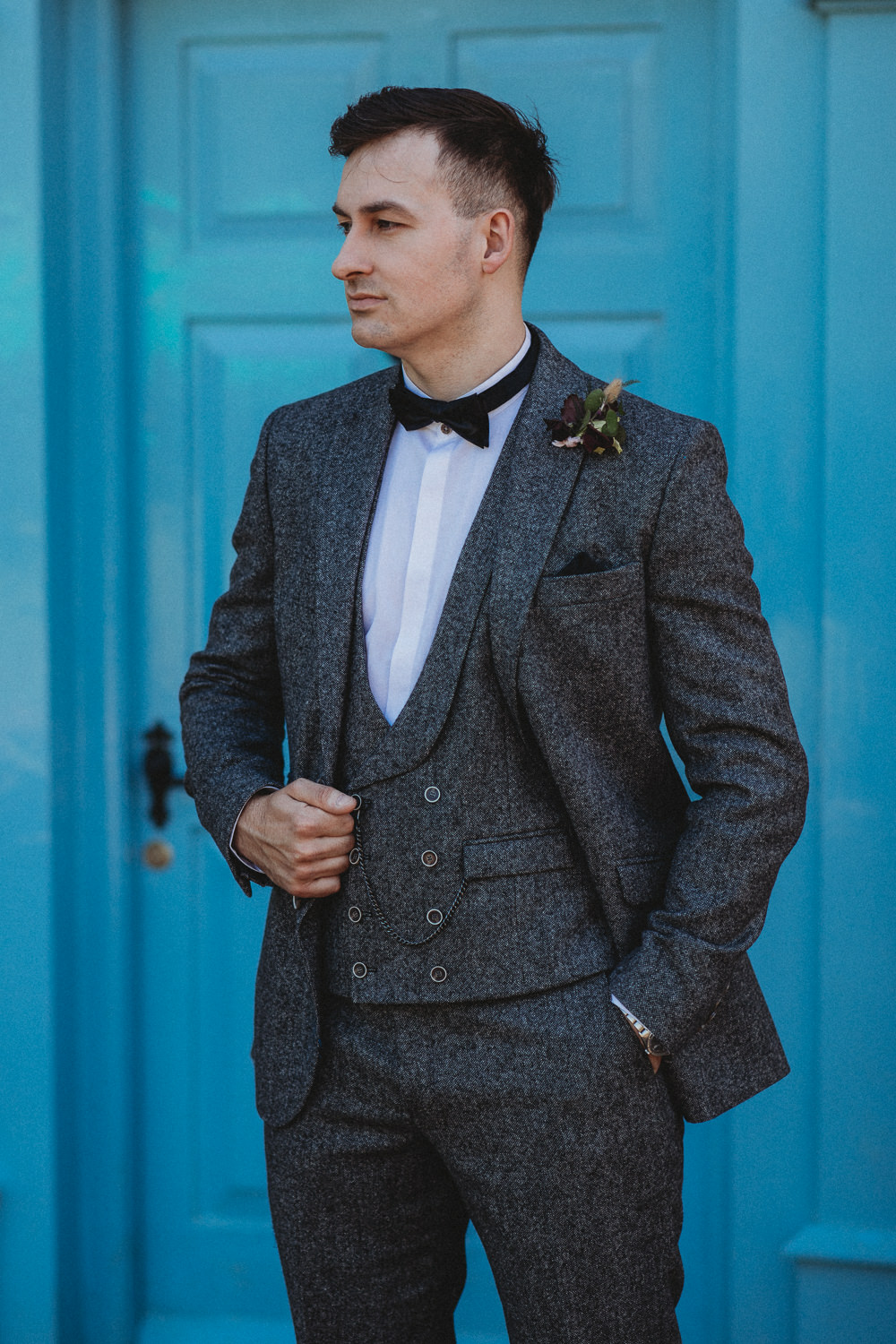 Groom Tweed Suit Bow Tie Waistcoat Barn Wedding Ideas Thyme Lane Photography