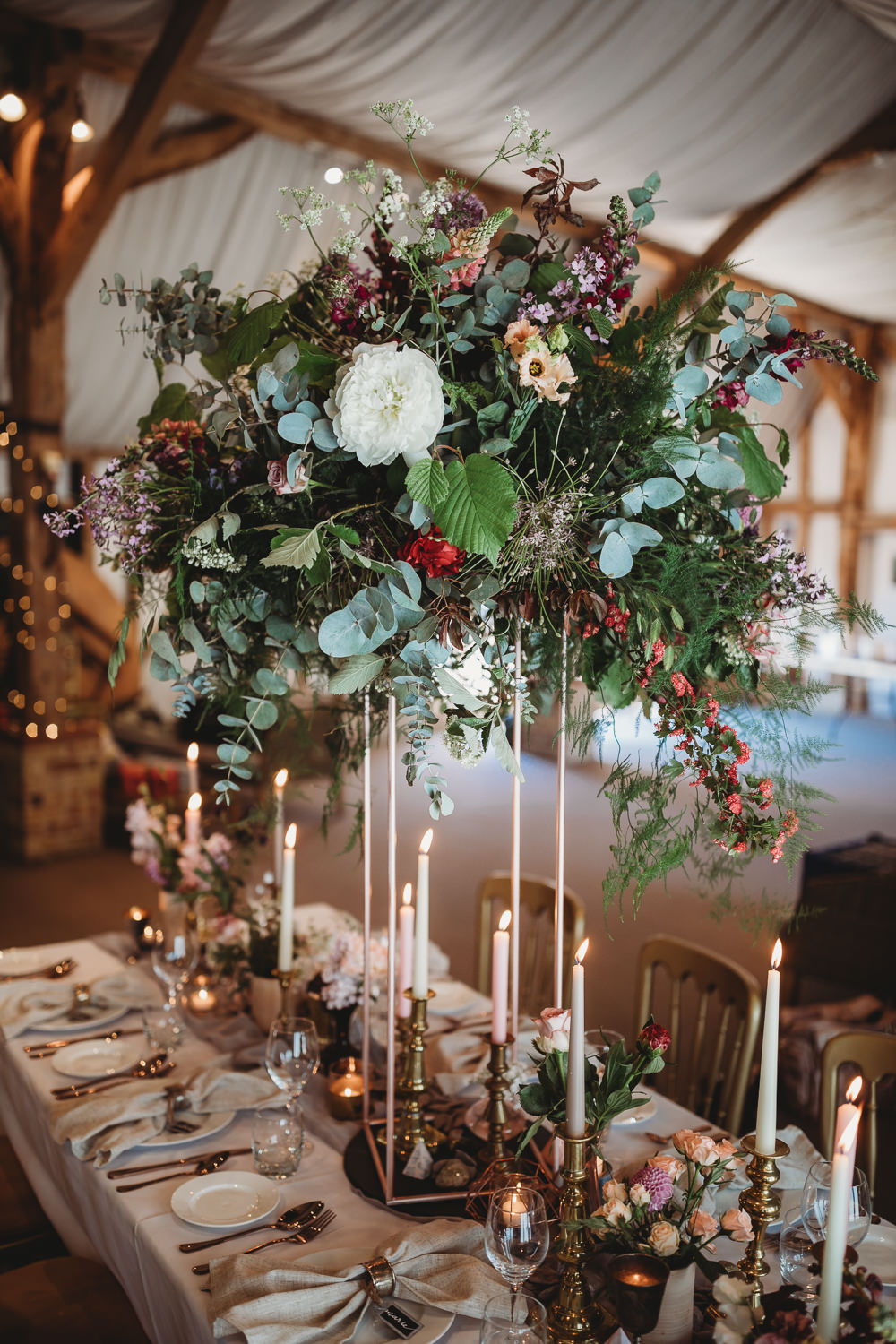 Tall Flower Arrangement Centrepiece Greenery Daliah Foliage Eucalyptus Centrepiece Barn Wedding Ideas Thyme Lane Photography