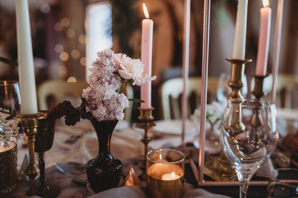 Table Tablescape Decor Fowers Silk Runner Candles Pink Barn Wedding Ideas Thyme Lane Photography