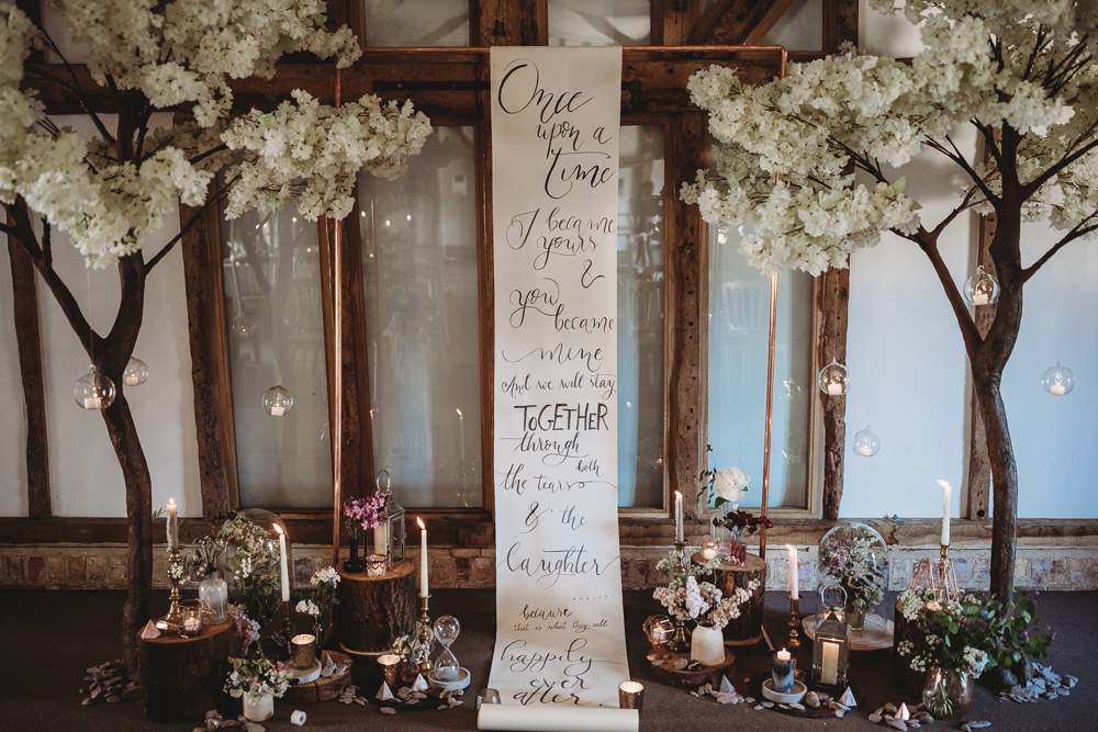 Banner Quote Backdrop Scroll Paper Calligraphy Ceremony Blossom Trees Flowers Decor Barn Wedding Ideas Thyme Lane Photography