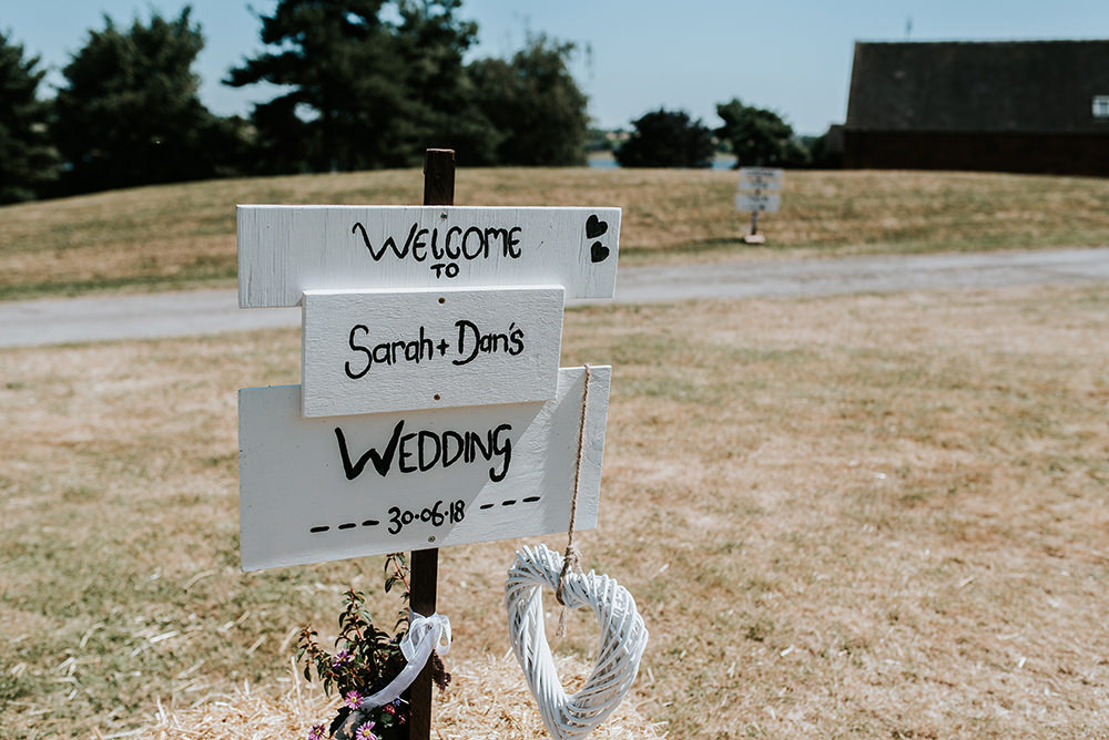 Painted Wooden Sign Post Welcome Blithfield Lakeside Barns Wedding Daniel McClane Photography