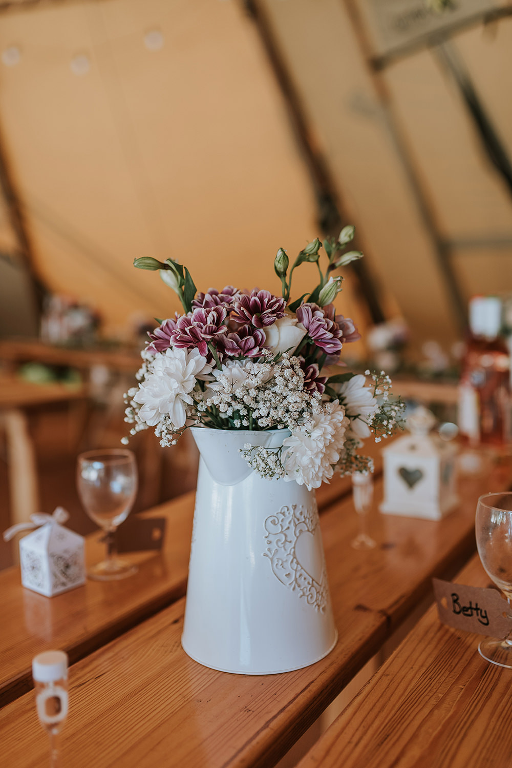 Jug Flowers Tables Tipi Blithfield Lakeside Barns Wedding Daniel McClane Photography