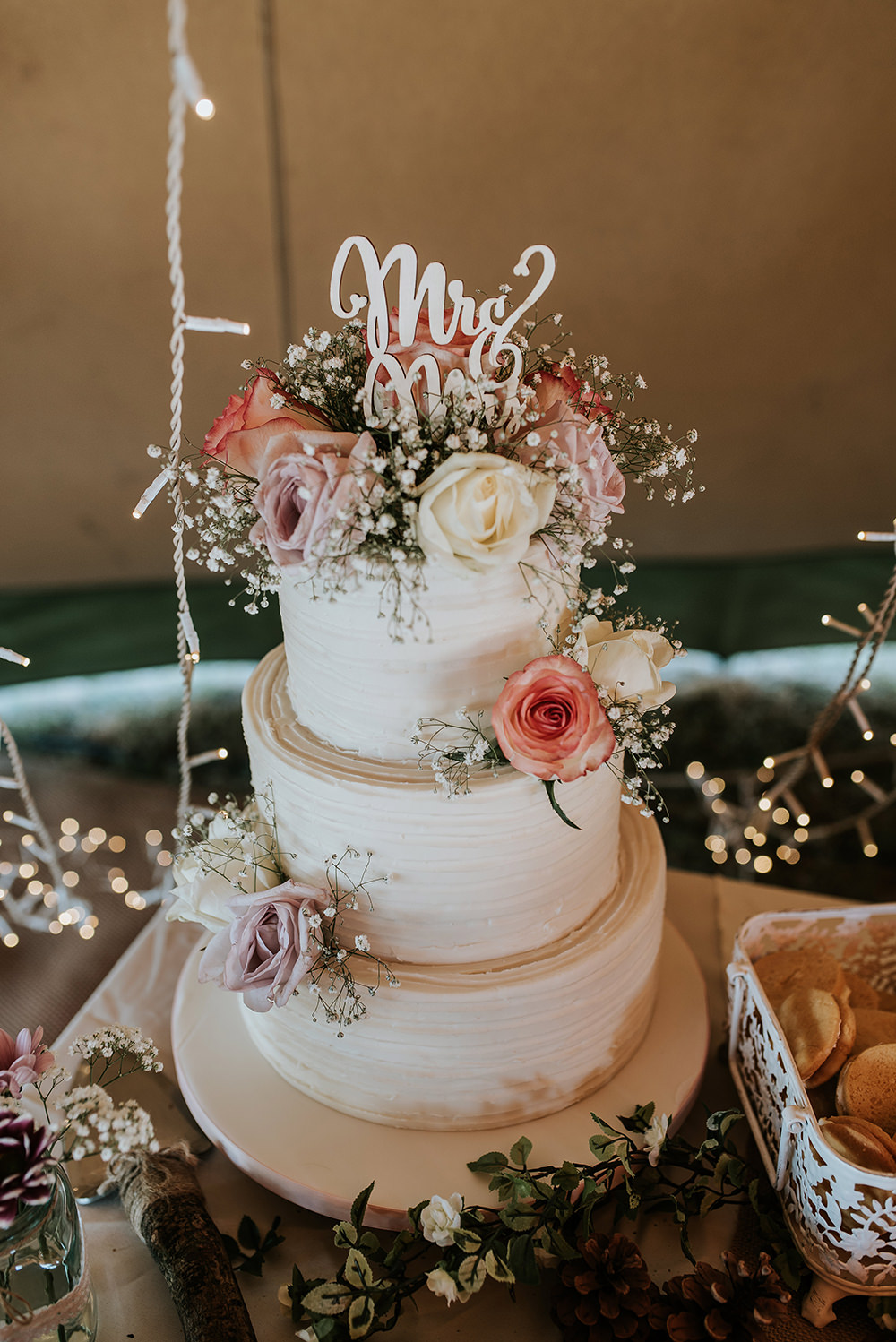 Buttercream Cake Flowers Laser Cut Topper Mrs Mr Blithfield Lakeside Barns Wedding Daniel McClane Photography