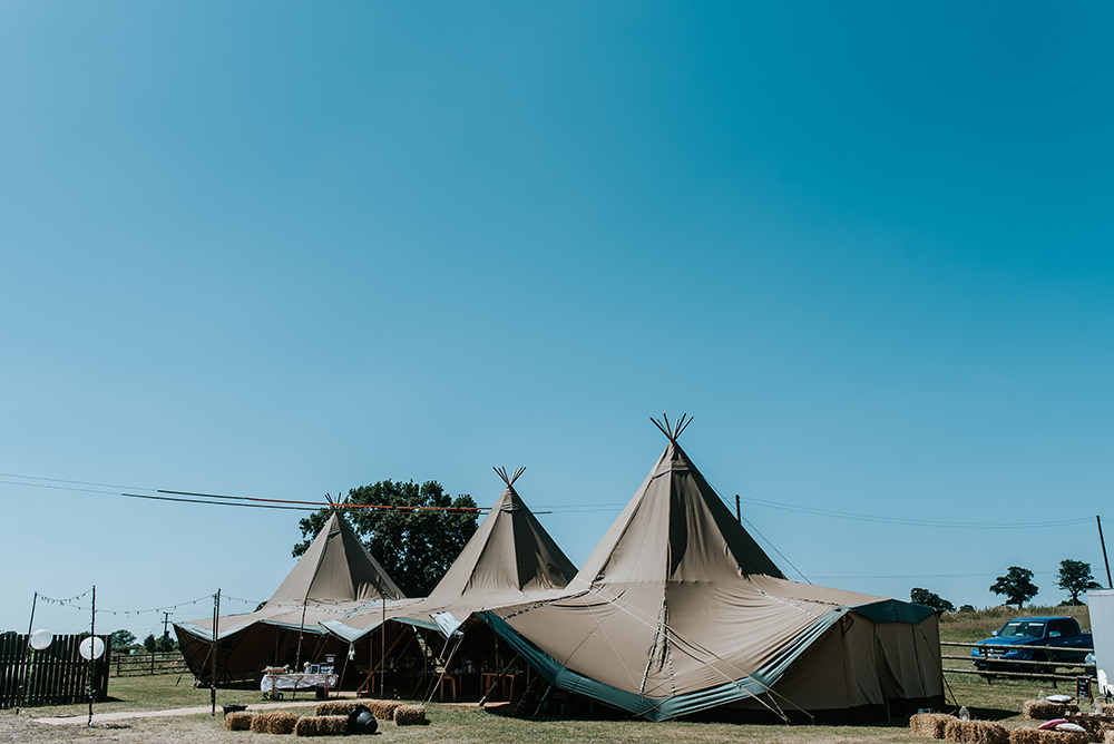 Tipi Outdoor Set Up Hay Bales Festoons Lights Blithfield Lakeside Barns Wedding Daniel McClane Photography