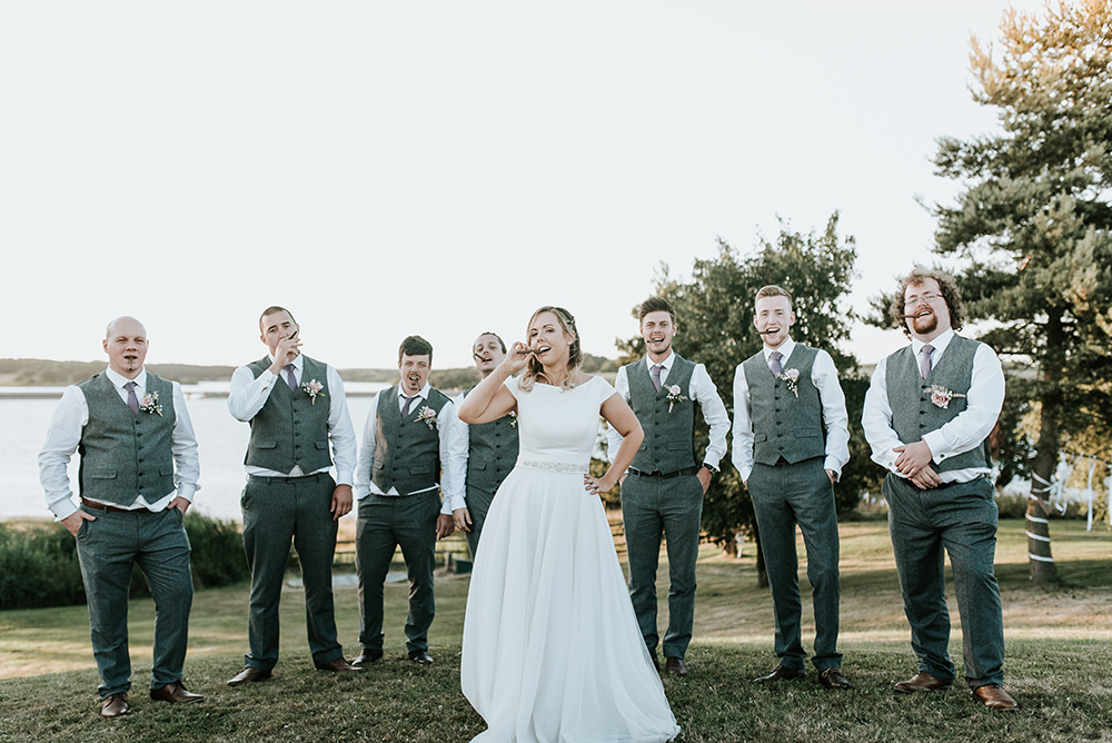 Groom Groomsmen Shot Tweed Waistcoat Trousers Grey Blithfield Lakeside Barns Wedding Daniel McClane Photography