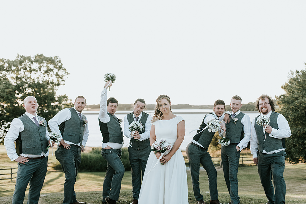 Groom Groomsmen Shot Tweed Waistcoat Trousers Grey Blithfield Lakeside Barns Wedding Daniel McClane Photography