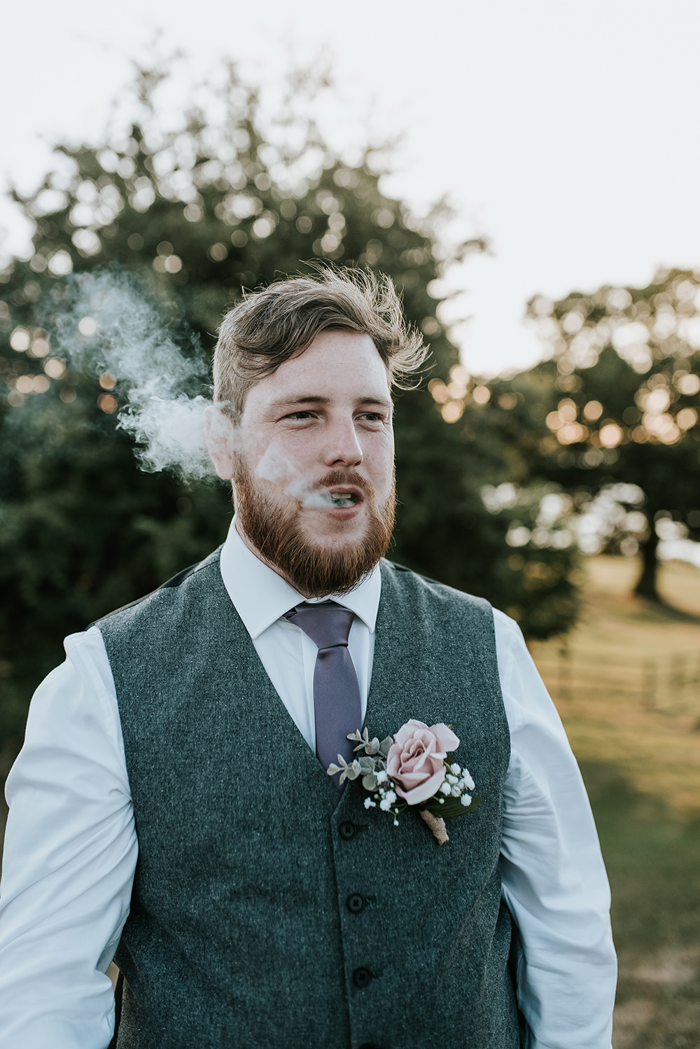 Groom Groomsmen Shot Tweed Waistcoat Trousers Grey Lilac Tie Buttonhole Blithfield Lakeside Barns Wedding Daniel McClane Photography