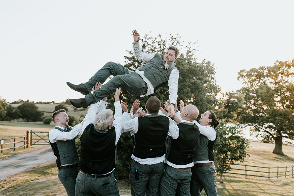 Groom Groomsmen Shot Tweed Waistcoat Trousers Grey Blithfield Lakeside Barns Wedding Daniel McClane Photography