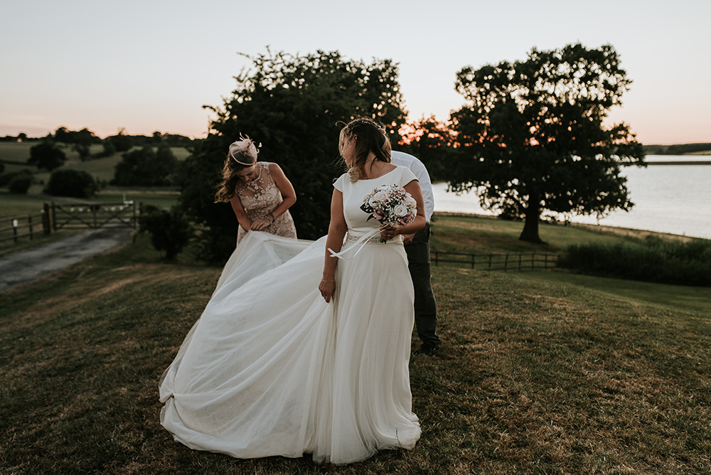 Essense of Australia Dress Gown Bride Bridal Train Boat Neck Tulle Belt Blithfield Lakeside Barns Wedding Daniel McClane Photography