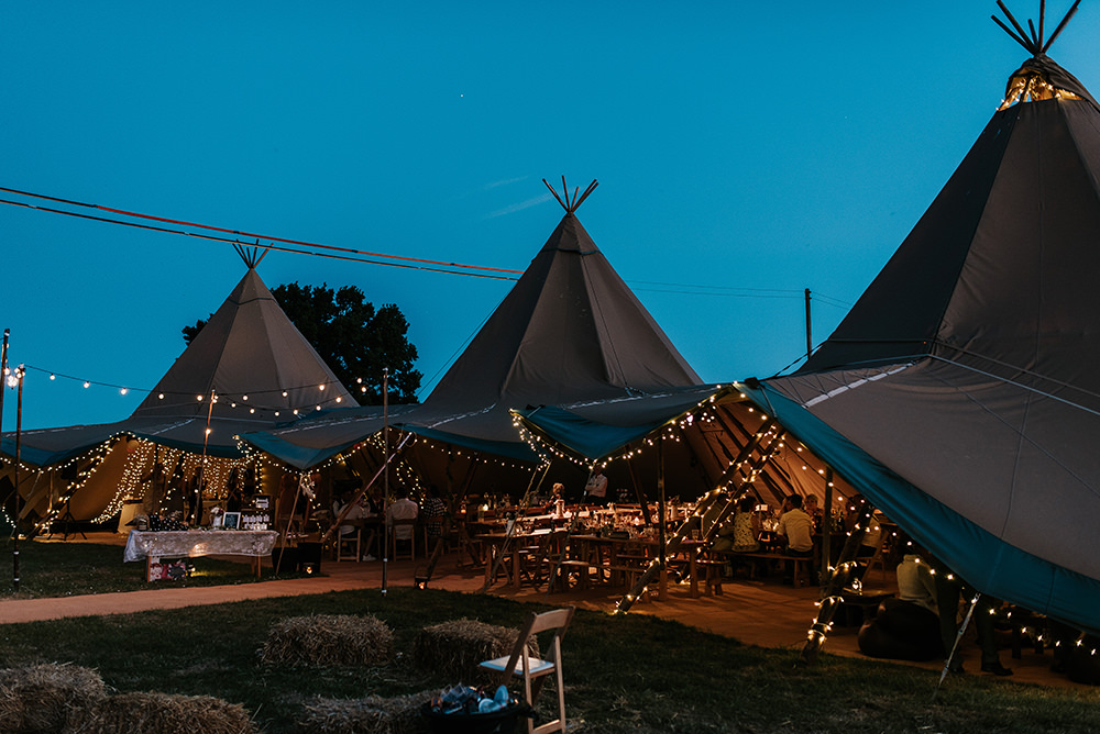 Tipi Fairy Lights Festoons Set Up Hay Bales Outdoor Blithfield Lakeside Barns Wedding Daniel McClane Photography