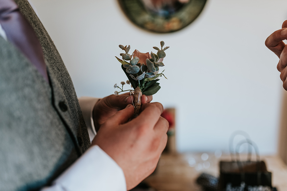 Faux Flowers Buttonhole Groom Blithfield Lakeside Barns Wedding Daniel McClane Photography