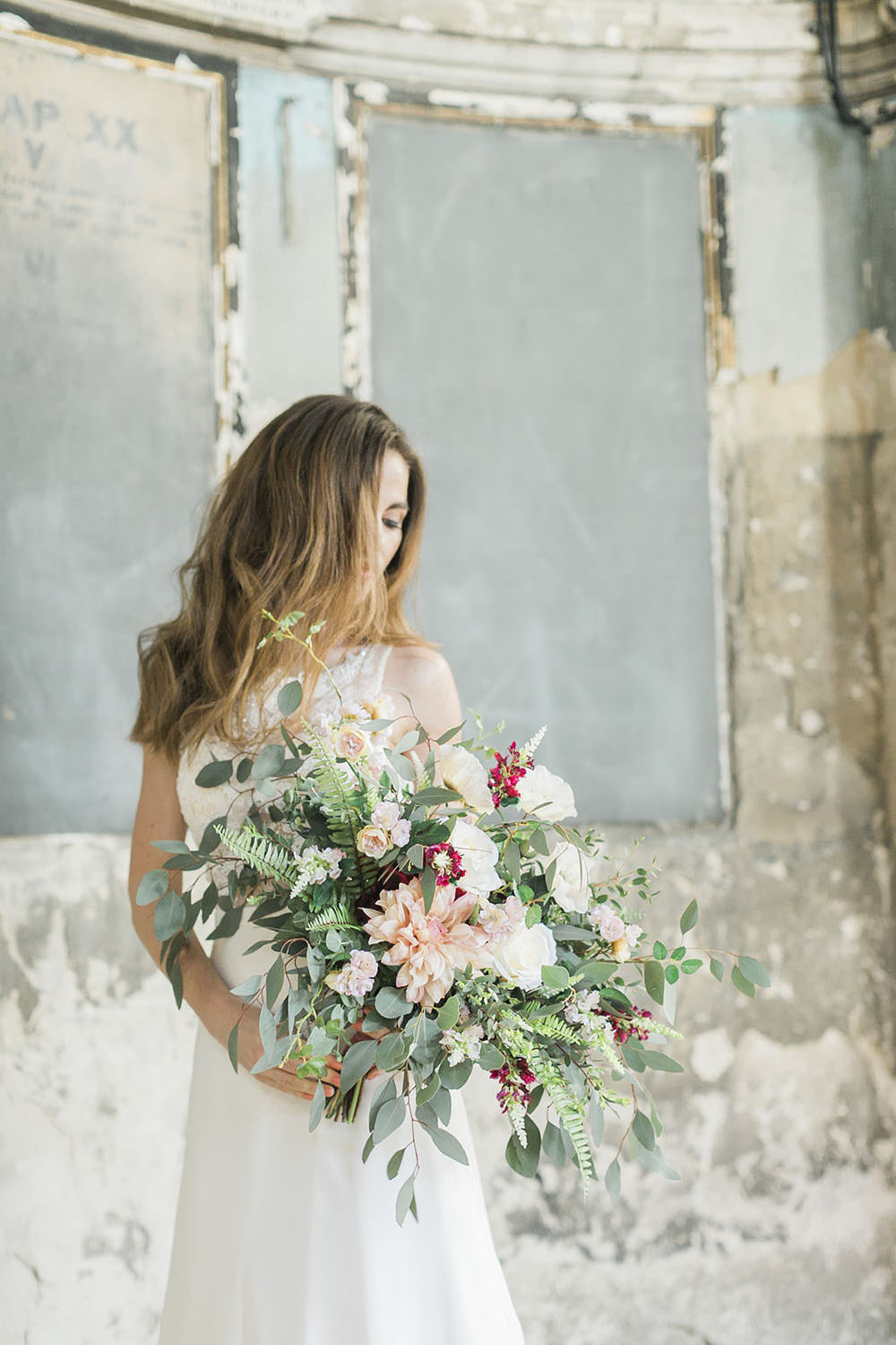 Bouquet Flowers Bride Bridal Greenery Foliage Rose Dahlia Fern Burgundy Gold Wedding Ideas Sarah Porter Photography