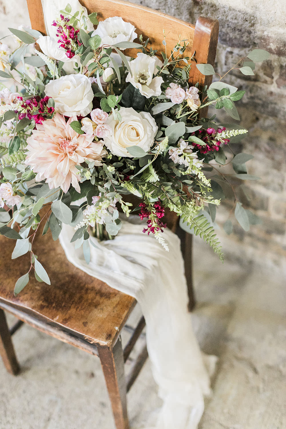 Bouquet Flowers Bride Bridal Greenery Foliage Rose Dahlia Fern Silk Ribbon Burgundy Gold Wedding Ideas Sarah Porter Photography