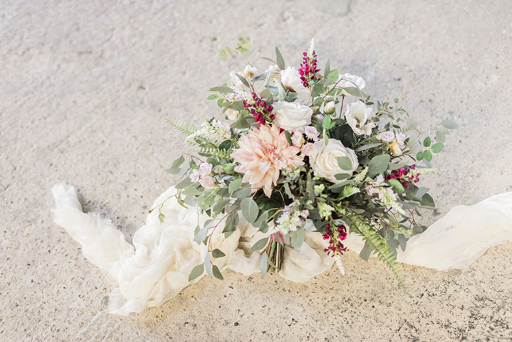 Bouquet Flowers Bride Bridal Greenery Foliage Rose Dahlia Fern Silk Ribbon Burgundy Gold Wedding Ideas Sarah Porter Photography