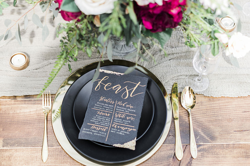 Black Calligraphy Metallic Menu Card Stationery Place Setting Plates Cutlery Burgundy Gold Wedding Ideas Sarah Porter Photography