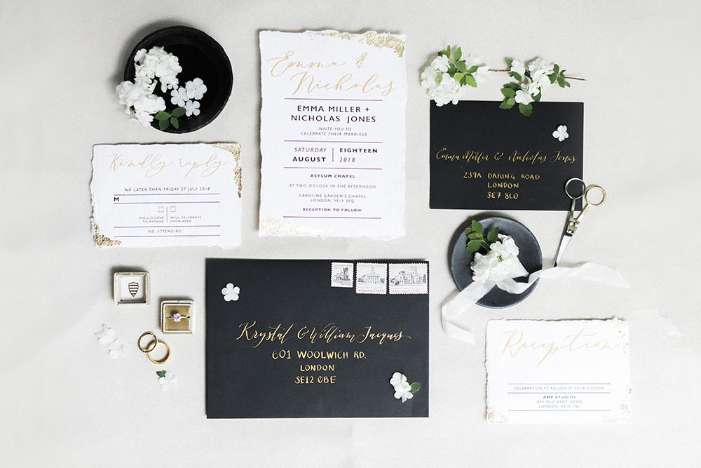 Black Stationery Suite Invitations Flay Lay Stationery Metallic Calligraphy Velvet Ring Box Burgundy Gold Wedding Ideas Sarah Porter Photography
