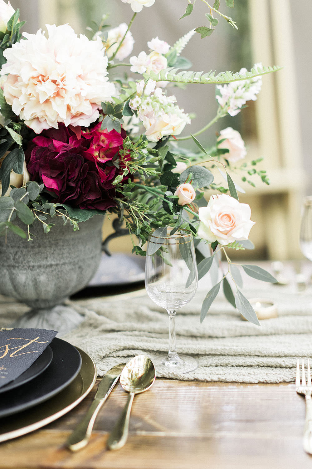 Table Flowers Greenery Centrepiece Blush Flowers Foliage Burgundy Gold Wedding Ideas Sarah Porter Photography