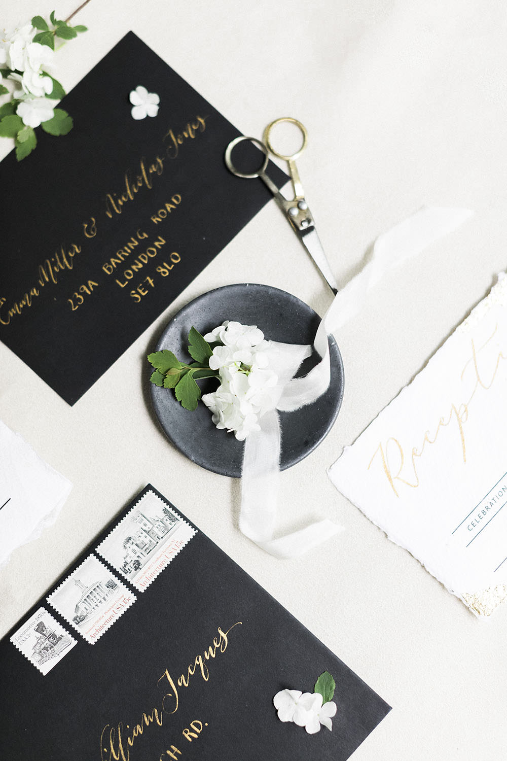 Black Stationery Suite Invitations Flay Lay Stationery Metallic Calligraphy Velvet Ring Box Scissors Ribbon Burgundy Gold Wedding Ideas Sarah Porter Photography