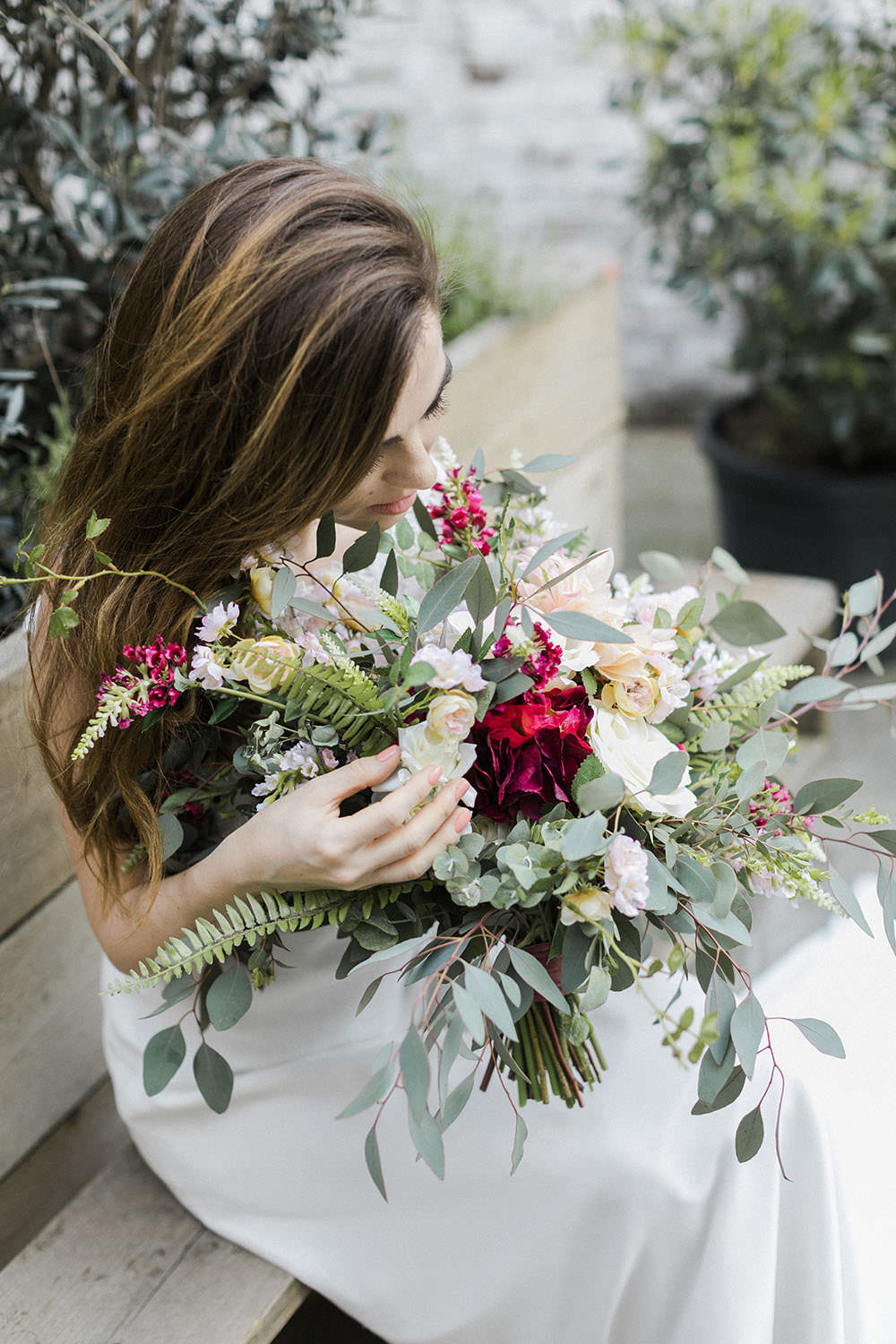 Bouquet Flowers Bride Bridal Greenery Foliage Rose Dahlia Fern Burgundy Gold Wedding Ideas Sarah Porter Photography