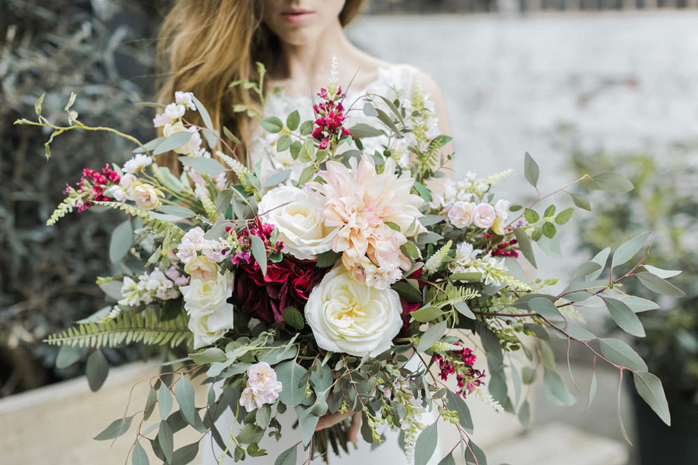 Bouquet Flowers Bride Bridal Greenery Foliage Rose Dahlia Fern Burgundy Gold Wedding Ideas Sarah Porter Photography