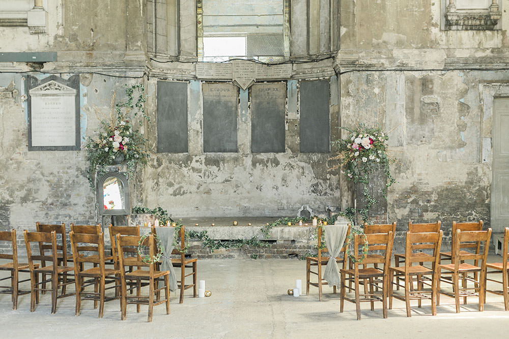 Asylum Chapel London Ceremony Rustic Chairs Flowers Burgundy Gold Wedding Ideas Sarah Porter Photography