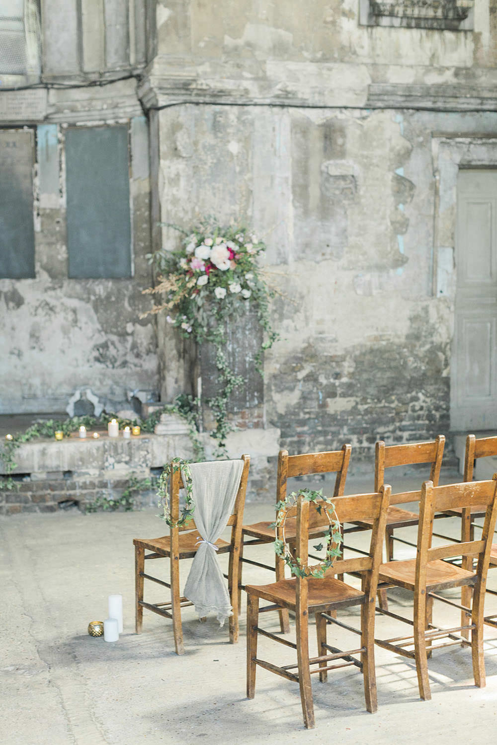Pew End Chairs Aisle Ceremony Fabric Grey Silk Drapes Burgundy Gold Wedding Ideas Sarah Porter Photography