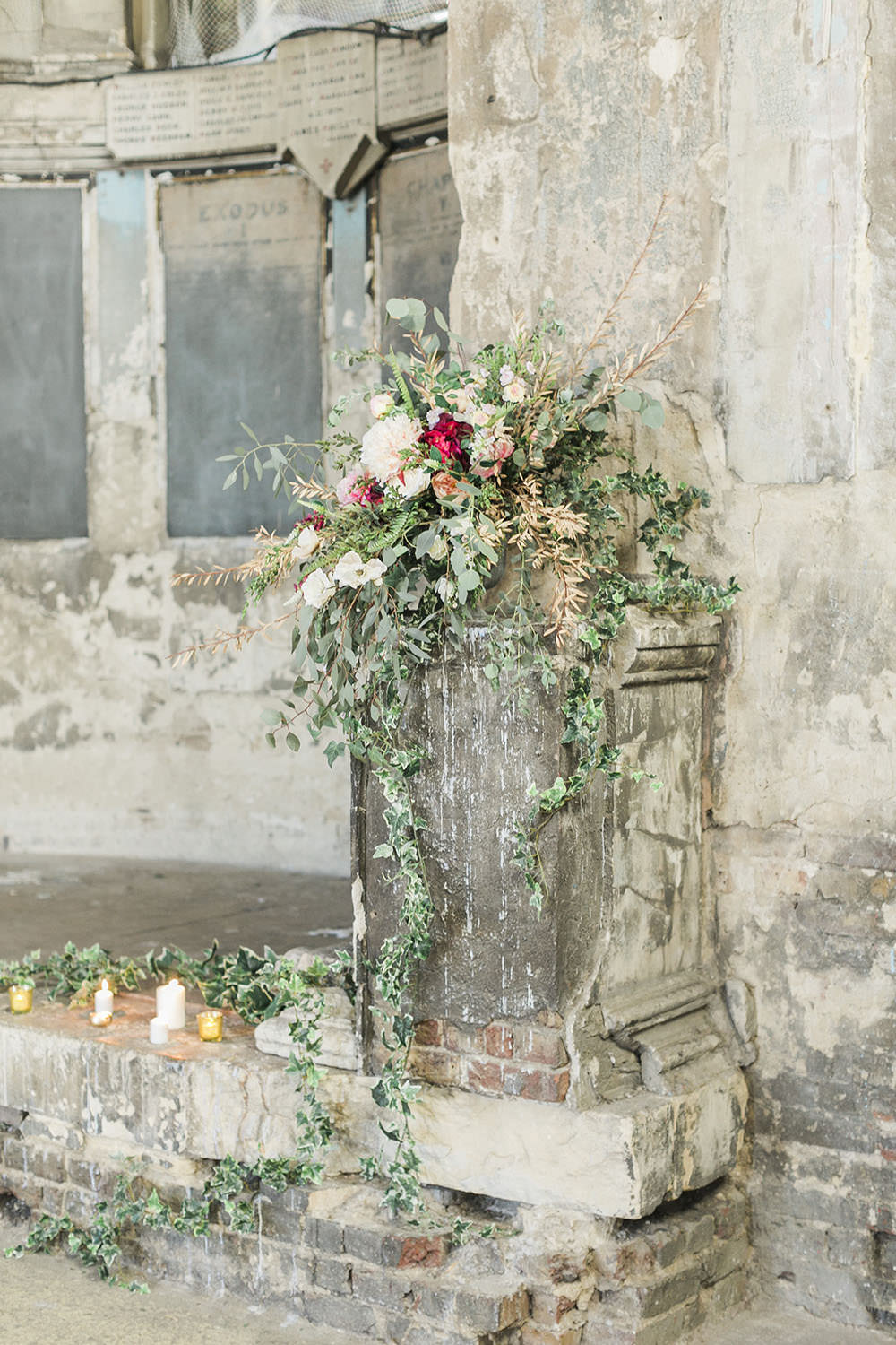 Ceremony Flower Arrangement Greenery Foliage Ivy Dahlia Burgundy Gold Wedding Ideas Sarah Porter Photography