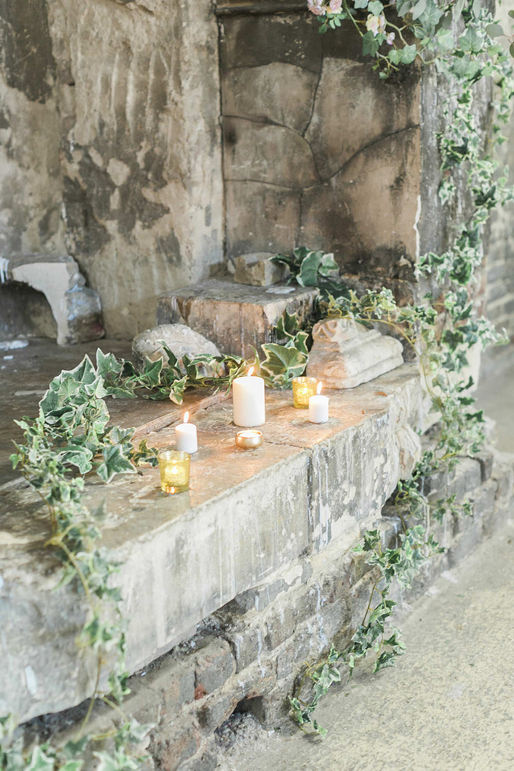 Ceremony Flower Arrangement Greenery Foliage Ivy Candles Burgundy Gold Wedding Ideas Sarah Porter Photography